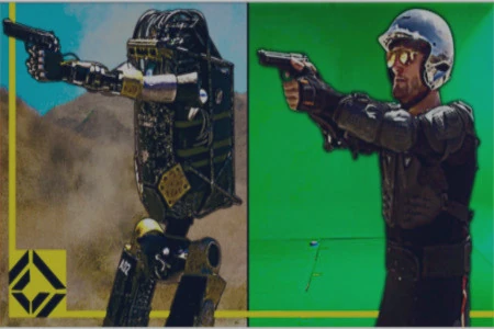 Foto eines Mannes mit einer Pistole hinter einem Greenscreen. Die andere Hälfte des Bildes zeigt einen gerenderten Roboter, der eine Pistole hält.